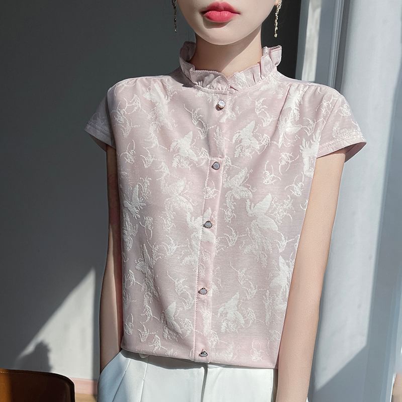 Short-Sleeve Floral Jacquard Ruffled Button-Up Blouse