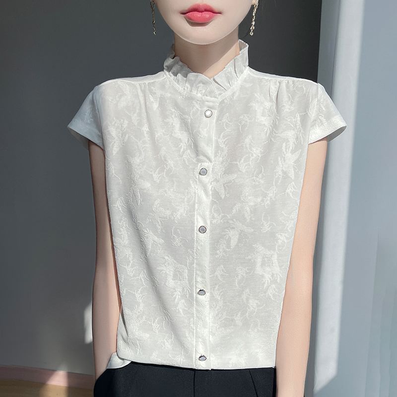 Short-Sleeve Floral Jacquard Ruffled Button-Up Blouse