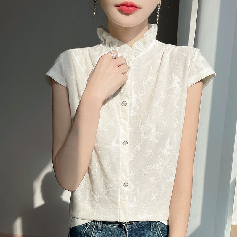 Short-Sleeve Floral Jacquard Ruffled Button-Up Blouse