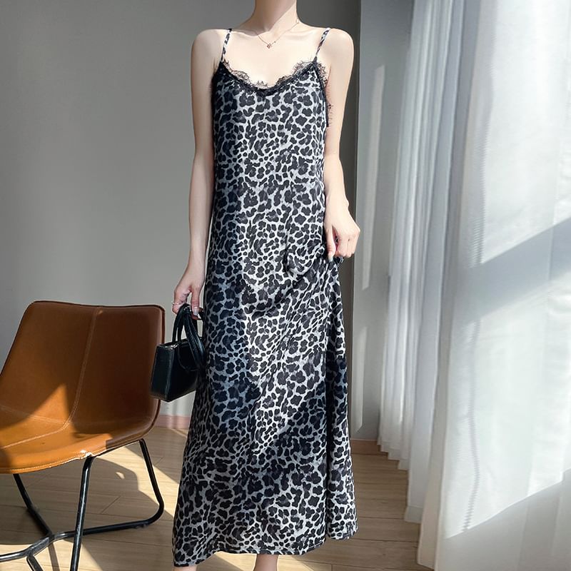 Spaghetti Strap Leopard Print Lace Trim Midi A-Line Dress