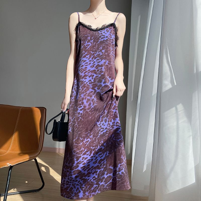 Spaghetti Strap Leopard Print Lace Trim Midi A-Line Dress