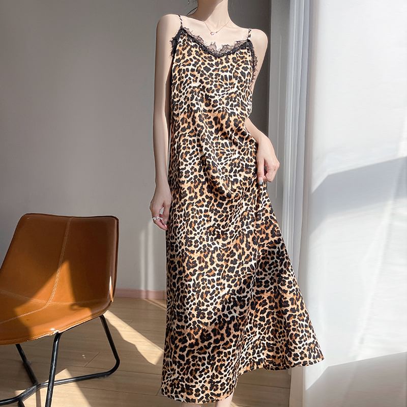 Spaghetti Strap Leopard Print Lace Trim Midi A-Line Dress