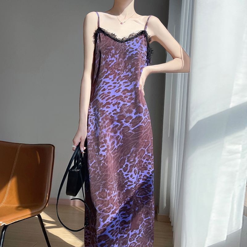 Spaghetti Strap Leopard Print Lace Trim Midi A-Line Dress