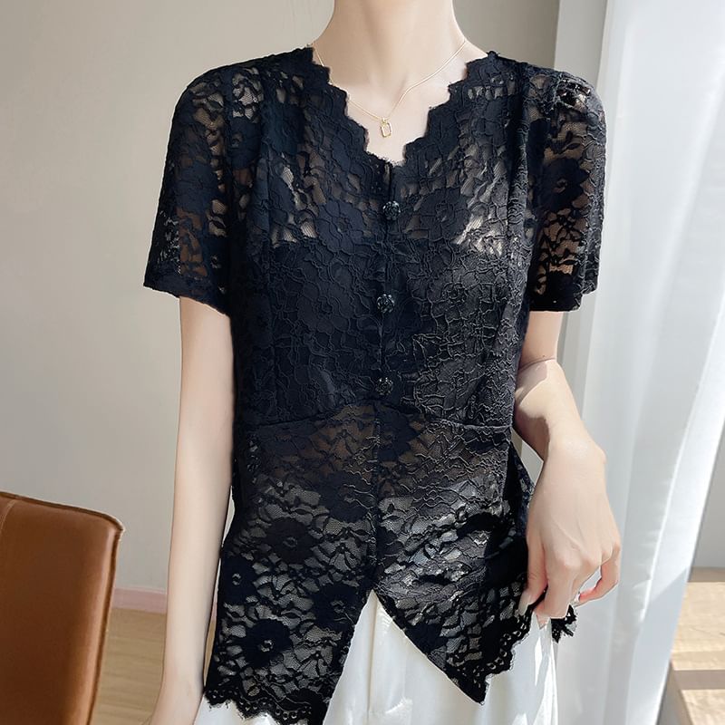 Short-Sleeve V-Neck Button-Up Lace Top