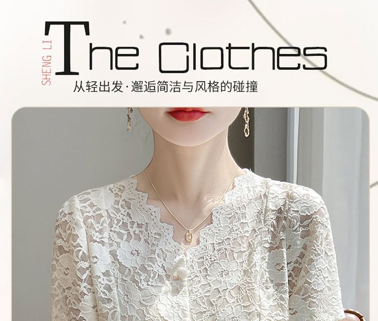 Short-Sleeve V-Neck Button-Up Lace Top