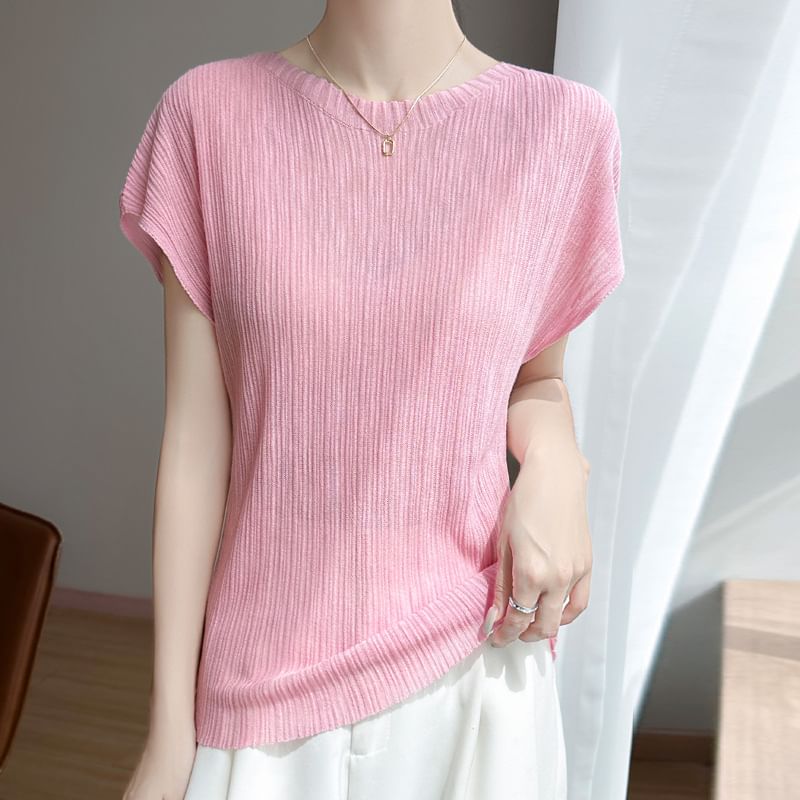 Short-Sleeve Round Neck Plain Ribbed T-Shirt