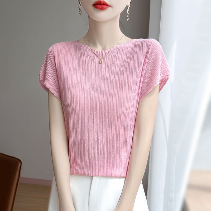 Short-Sleeve Round Neck Plain Ribbed T-Shirt