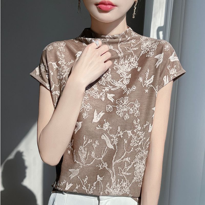 Short-Sleeve High Neck Floral Jacquard Top