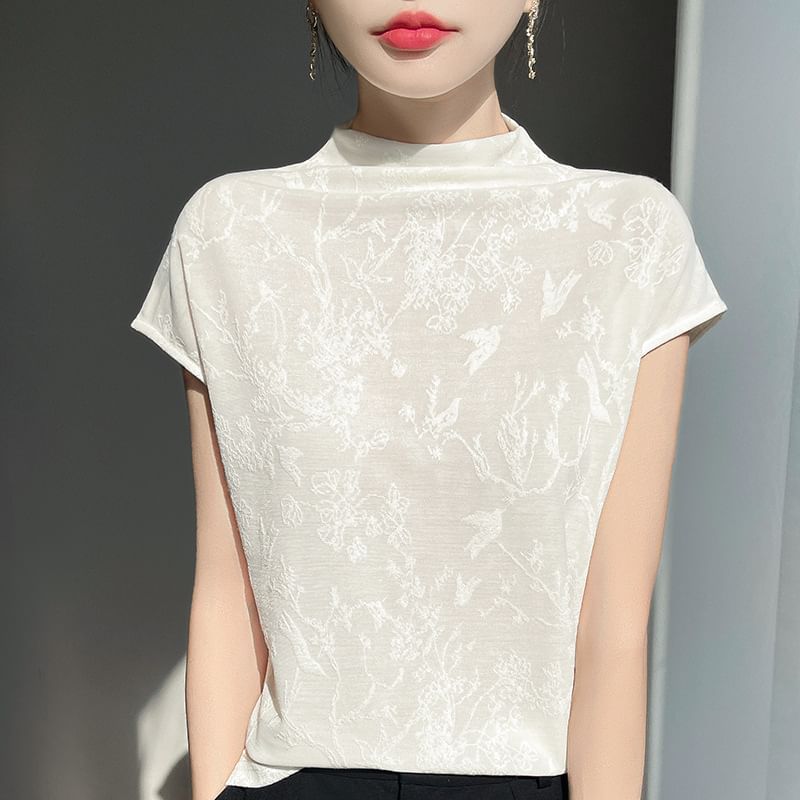 Short-Sleeve High Neck Floral Jacquard Top