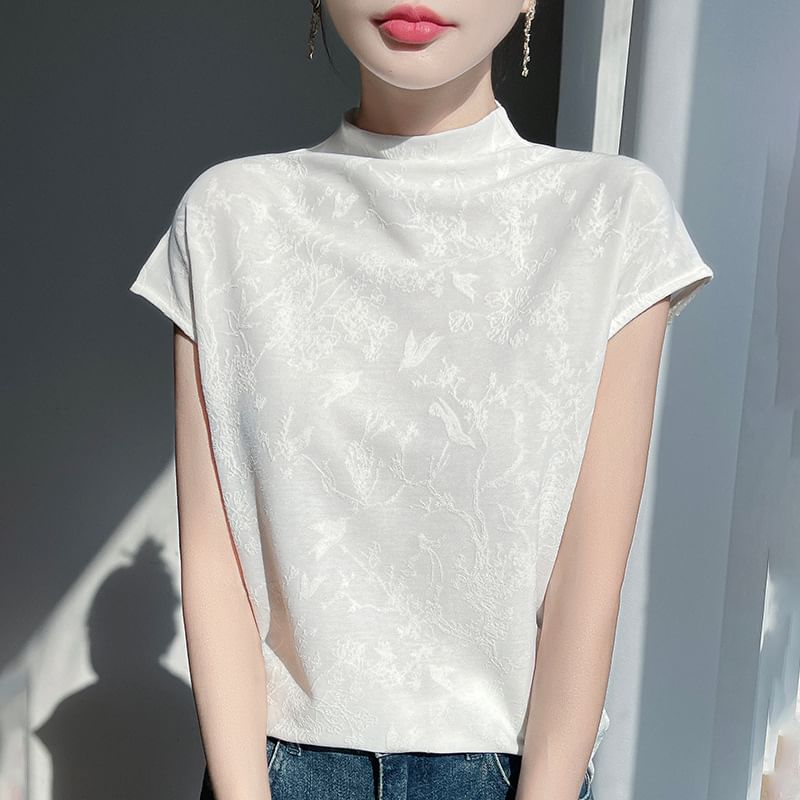 Short-Sleeve High Neck Floral Jacquard Top
