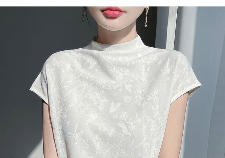 Short-Sleeve High Neck Floral Jacquard Top