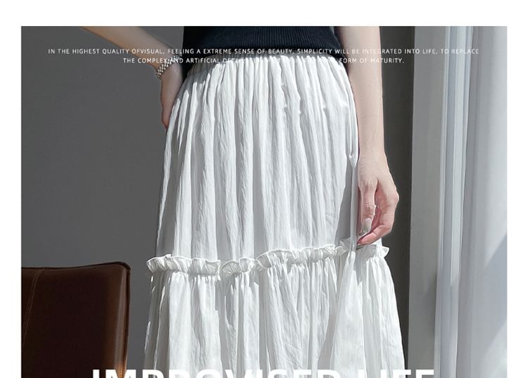 High Waist Lace Trim Ruffled Midi A-Line Skirt