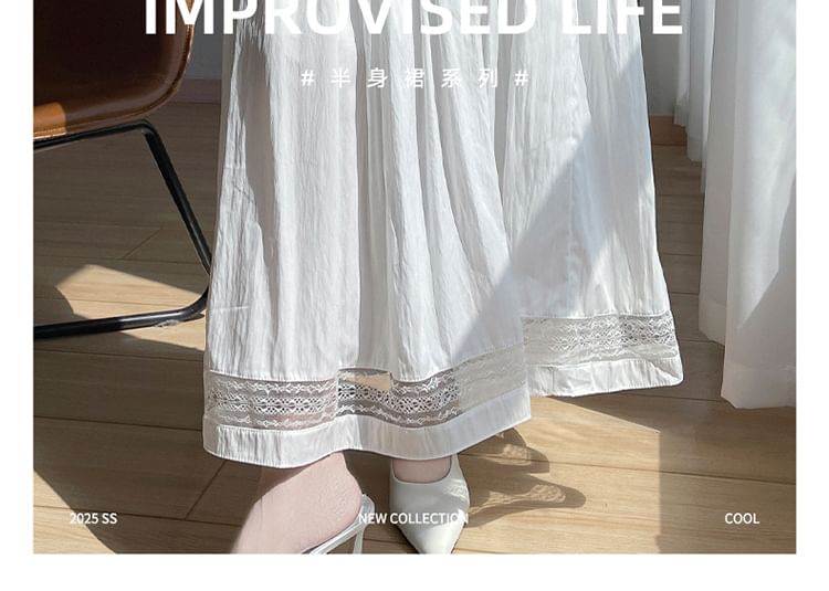 High Waist Lace Trim Ruffled Midi A-Line Skirt