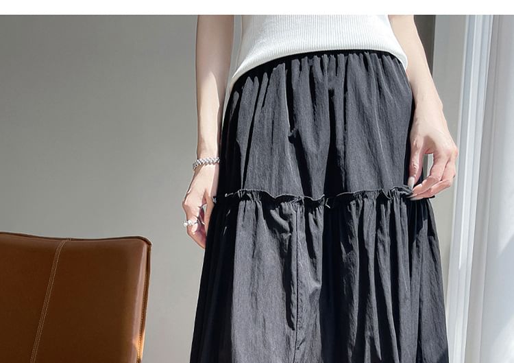 High Waist Lace Trim Ruffled Midi A-Line Skirt