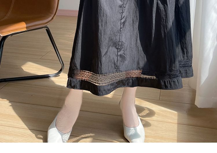 High Waist Lace Trim Ruffled Midi A-Line Skirt