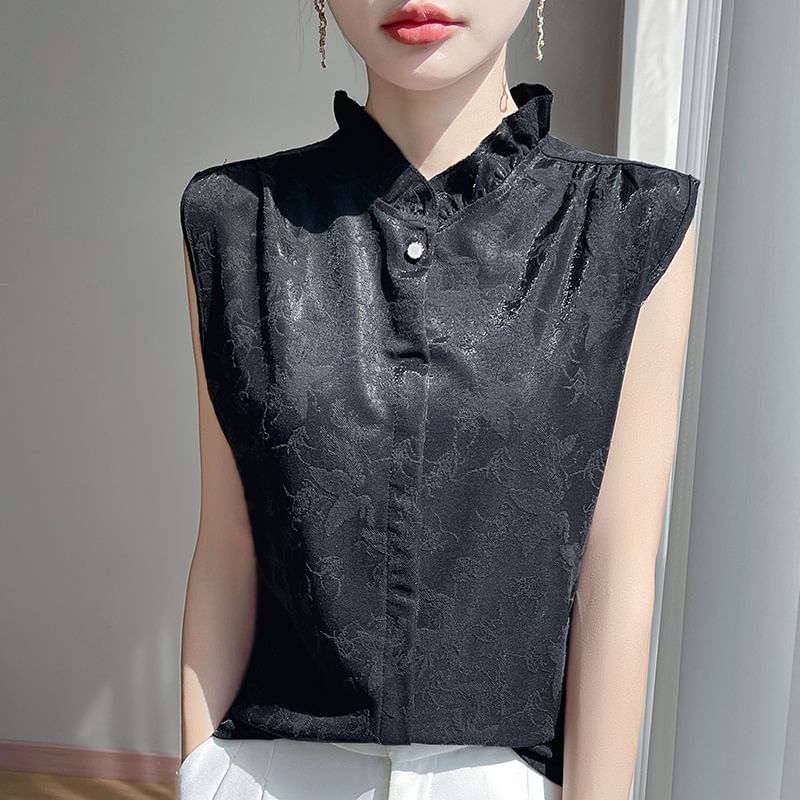 Sleeveless Floral Print Ruffled Button-Up Top