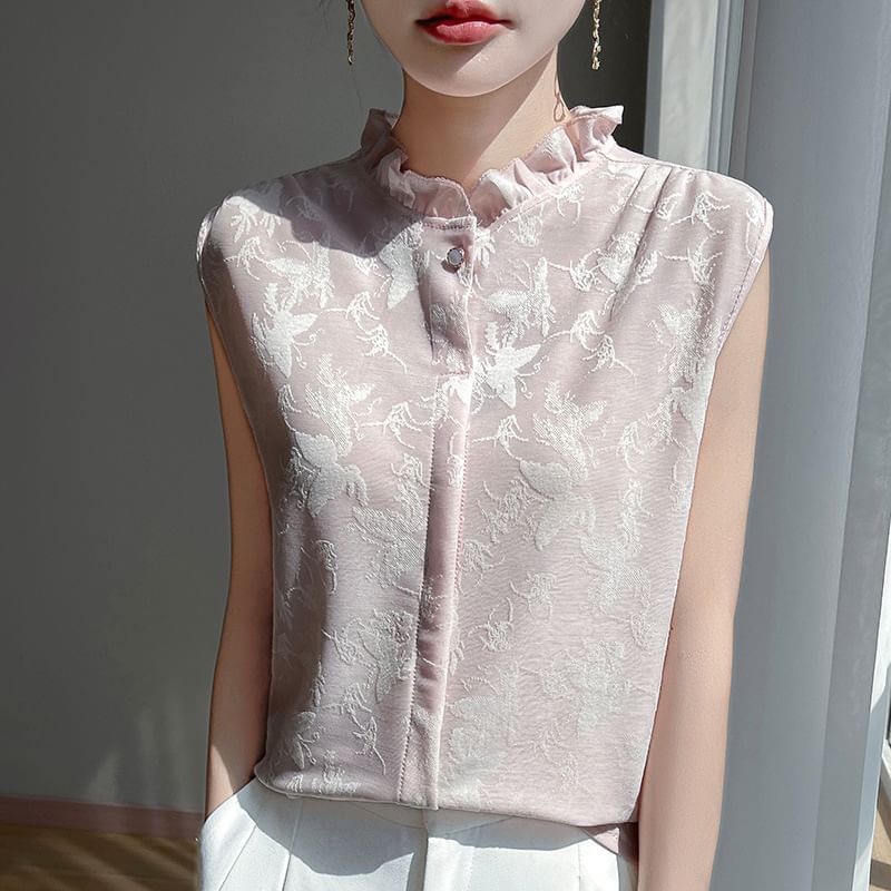 Sleeveless Floral Print Ruffled Button-Up Top