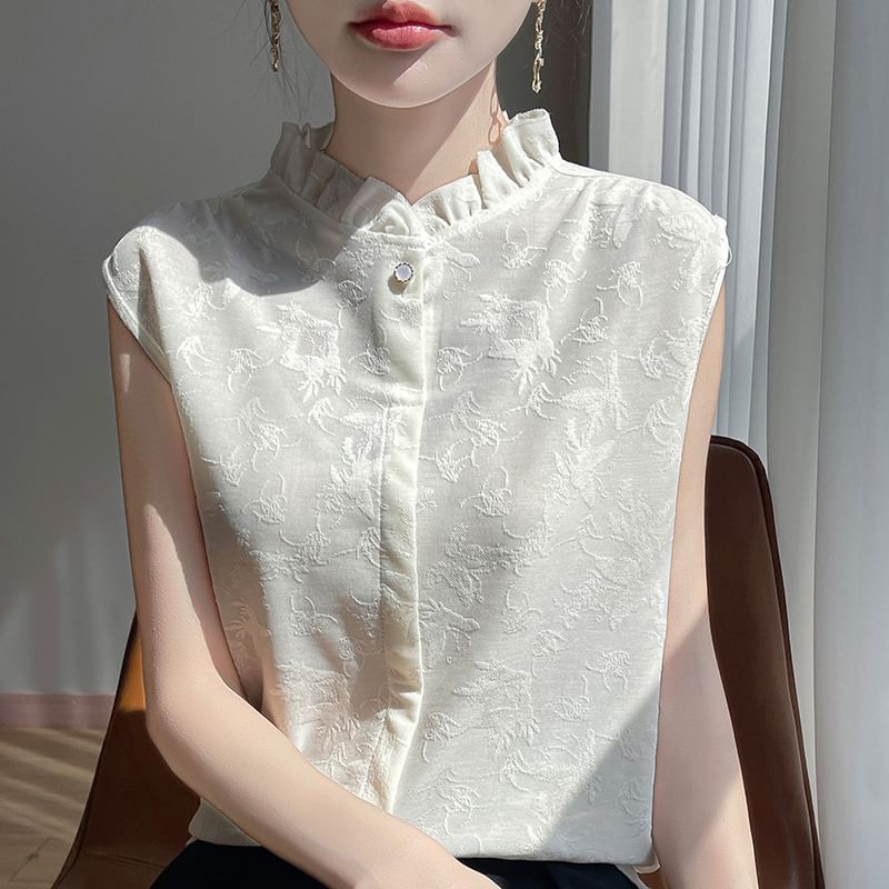 Sleeveless Floral Print Ruffled Button-Up Top