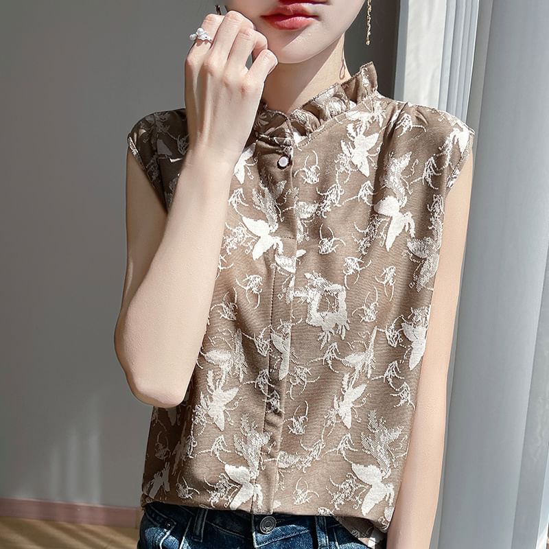 Sleeveless Floral Print Ruffled Button-Up Top