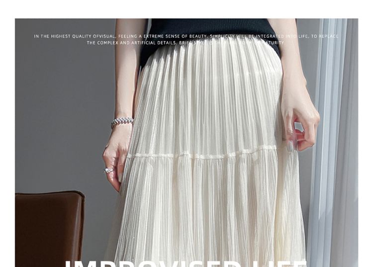 High Waist Plain Accordion Pleat Midi A-Line Mesh Skirt