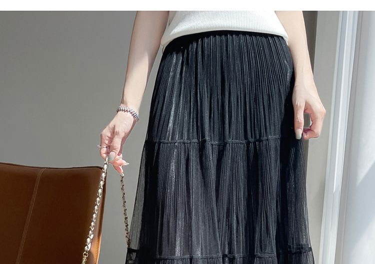 High Waist Plain Accordion Pleat Midi A-Line Mesh Skirt