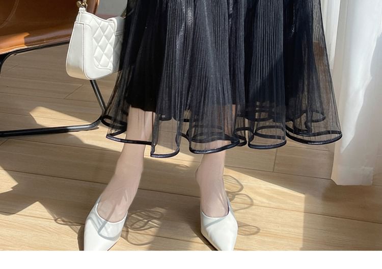 High Waist Plain Accordion Pleat Midi A-Line Mesh Skirt