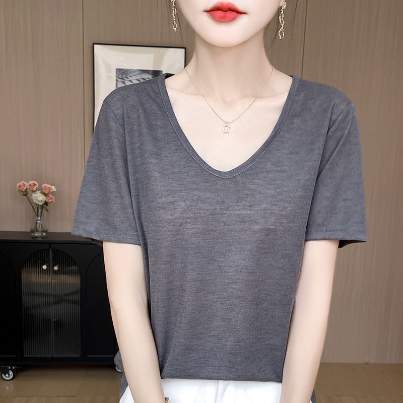 Short-Sleeve V-Neck Melange T-Shirt