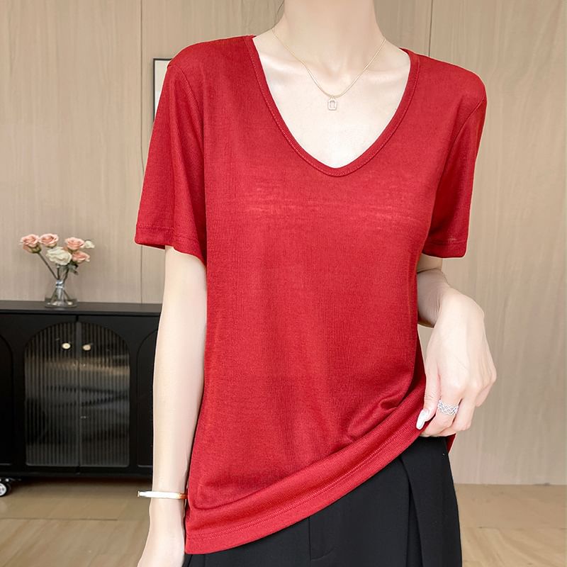 Short-Sleeve V-Neck Melange T-Shirt