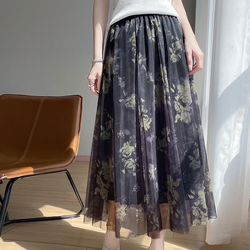 High Rise Floral Print Midi A-Line Mesh Skirt