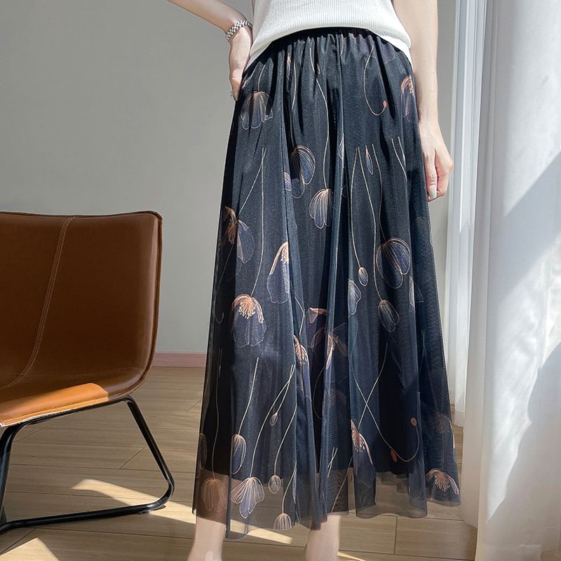 High Rise Floral Print Midi A-Line Mesh Skirt