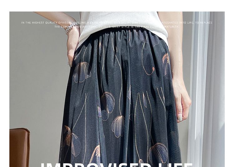 High Rise Floral Print Midi A-Line Mesh Skirt