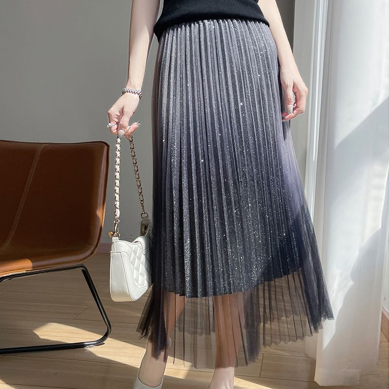 High Waist Glitter Accordion Pleat Midi A-Line Mesh Skirt