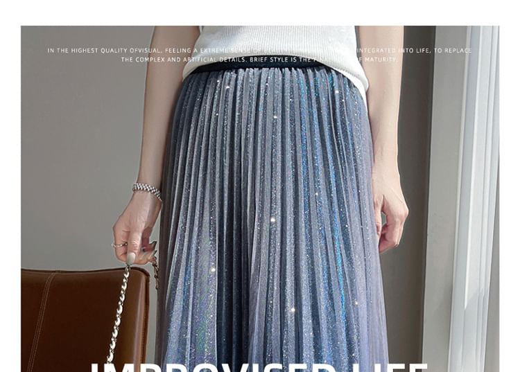High Waist Glitter Accordion Pleat Midi A-Line Mesh Skirt