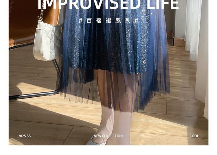 High Waist Glitter Accordion Pleat Midi A-Line Mesh Skirt