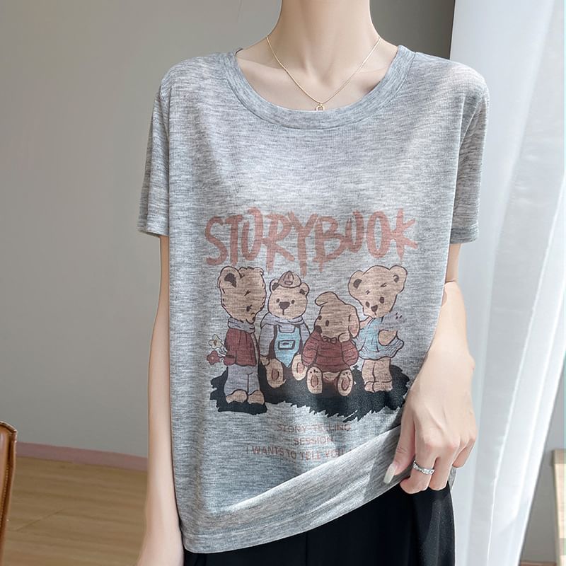 Short-Sleeve Crew Neck Bear Print Tee