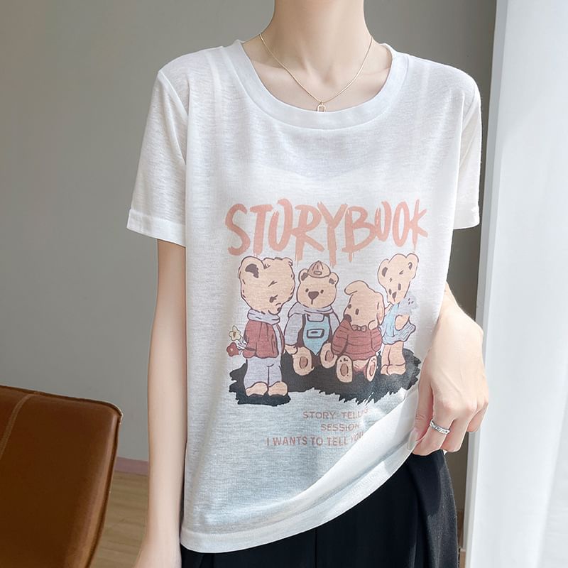 Short-Sleeve Crew Neck Bear Print Tee