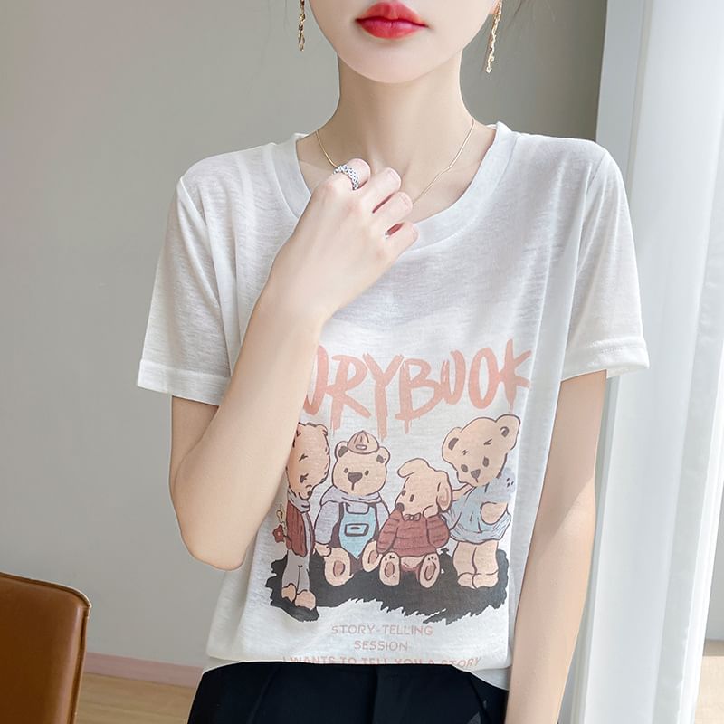 Short-Sleeve Crew Neck Bear Print Tee