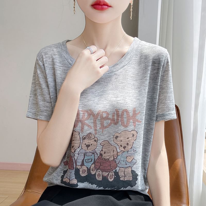Short-Sleeve Crew Neck Bear Print Tee