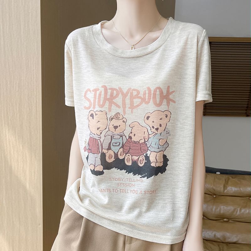 Short-Sleeve Crew Neck Bear Print Tee
