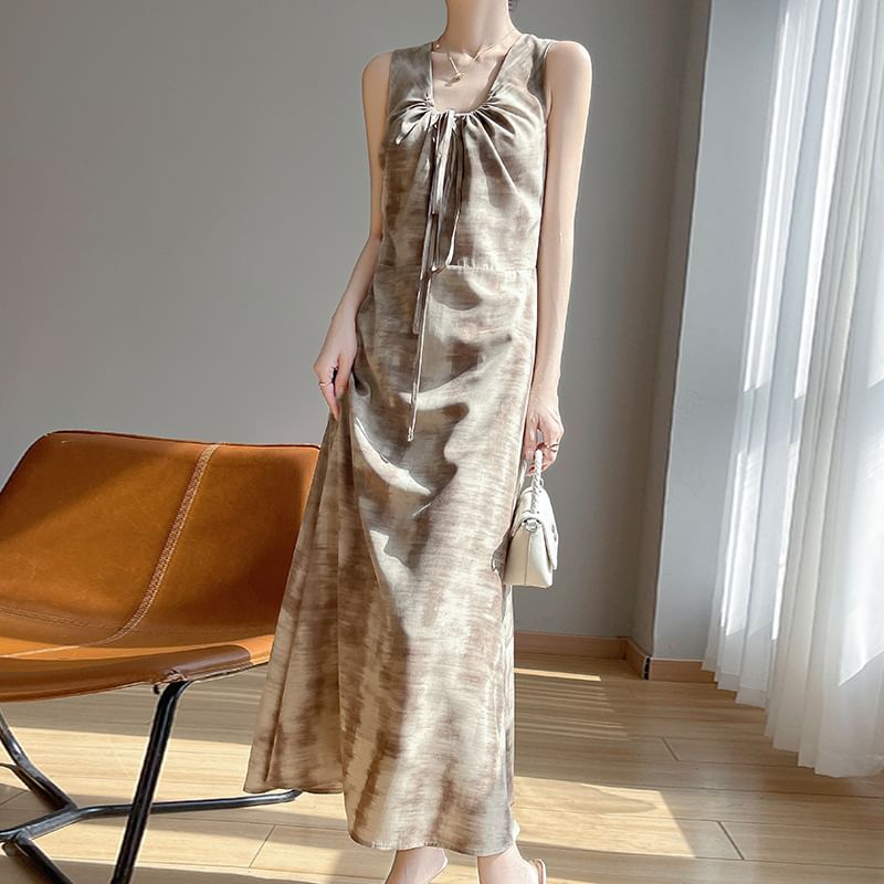 Sleeveless Tie-Dyed Drawstring Midi A-Line Dress