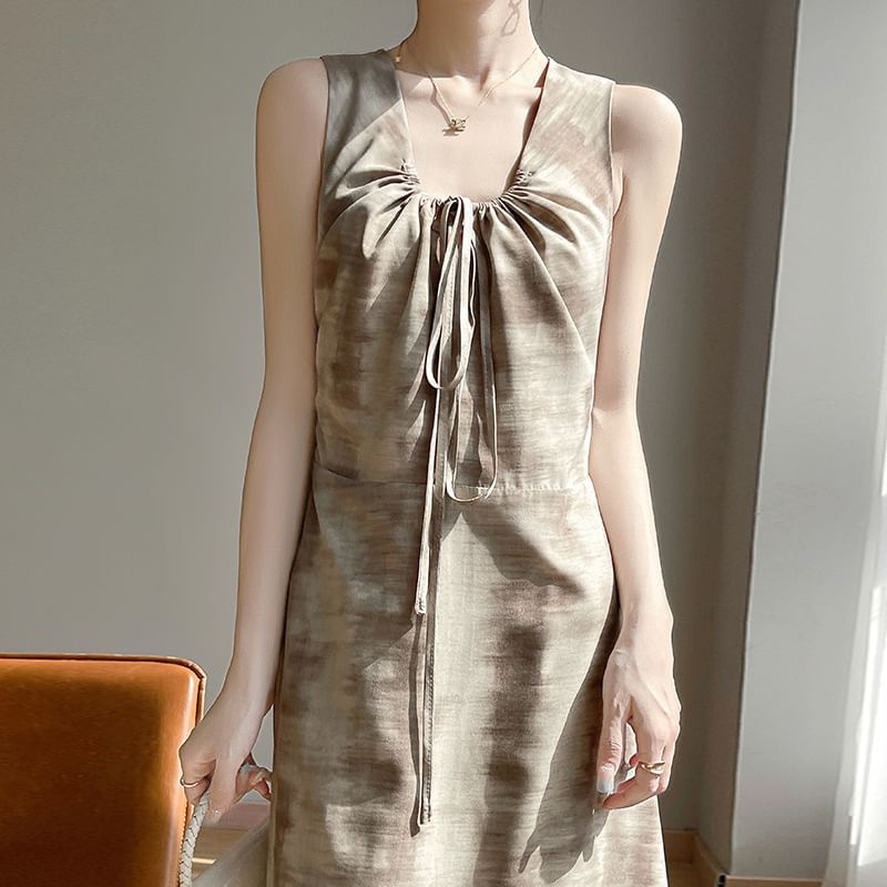 Sleeveless Tie-Dyed Drawstring Midi A-Line Dress