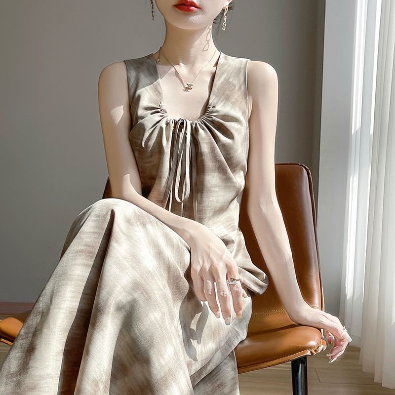 Sleeveless Tie-Dyed Drawstring Midi A-Line Dress