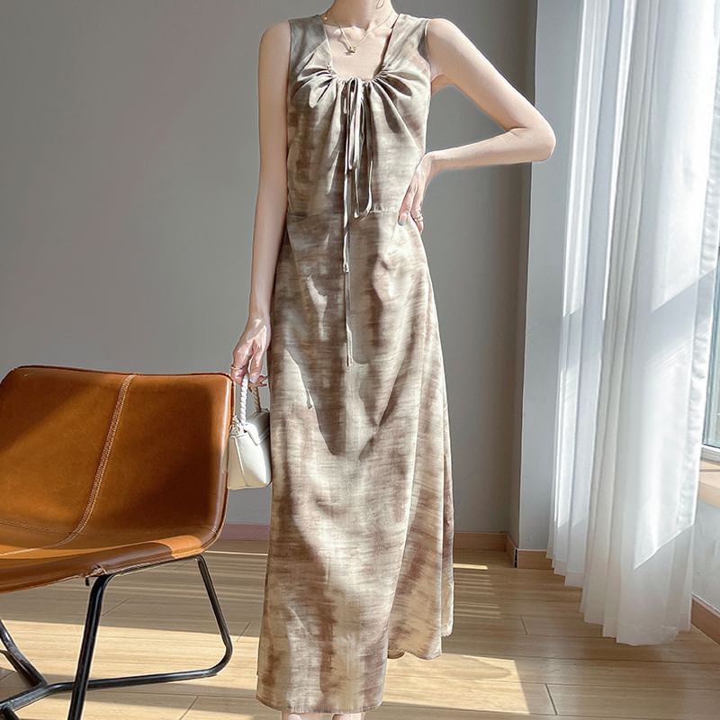 Sleeveless Tie-Dyed Drawstring Midi A-Line Dress