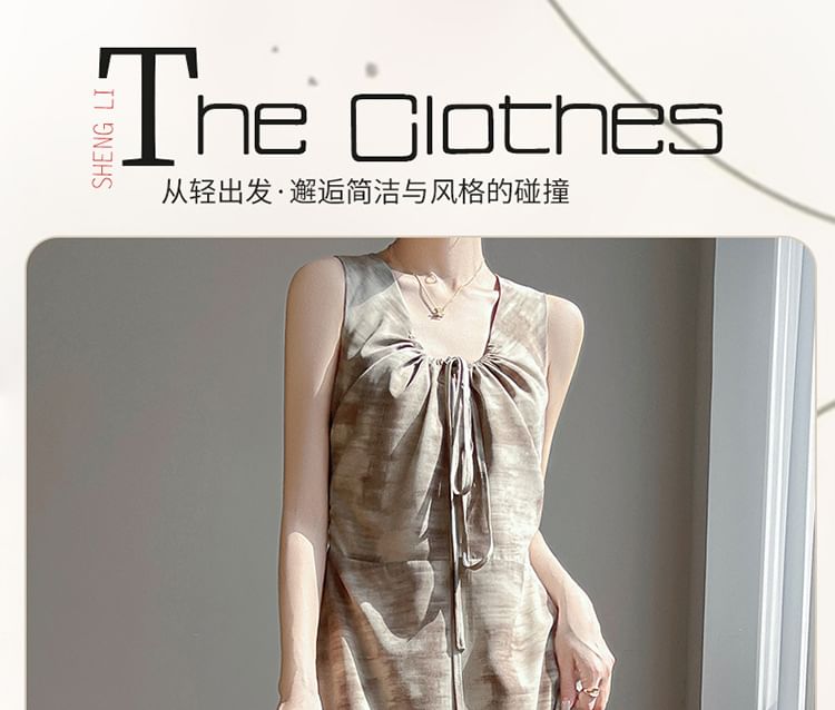 Sleeveless Tie-Dyed Drawstring Midi A-Line Dress