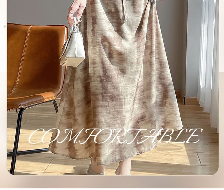 Sleeveless Tie-Dyed Drawstring Midi A-Line Dress