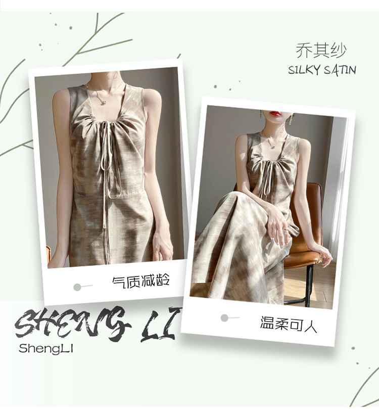 Sleeveless Tie-Dyed Drawstring Midi A-Line Dress