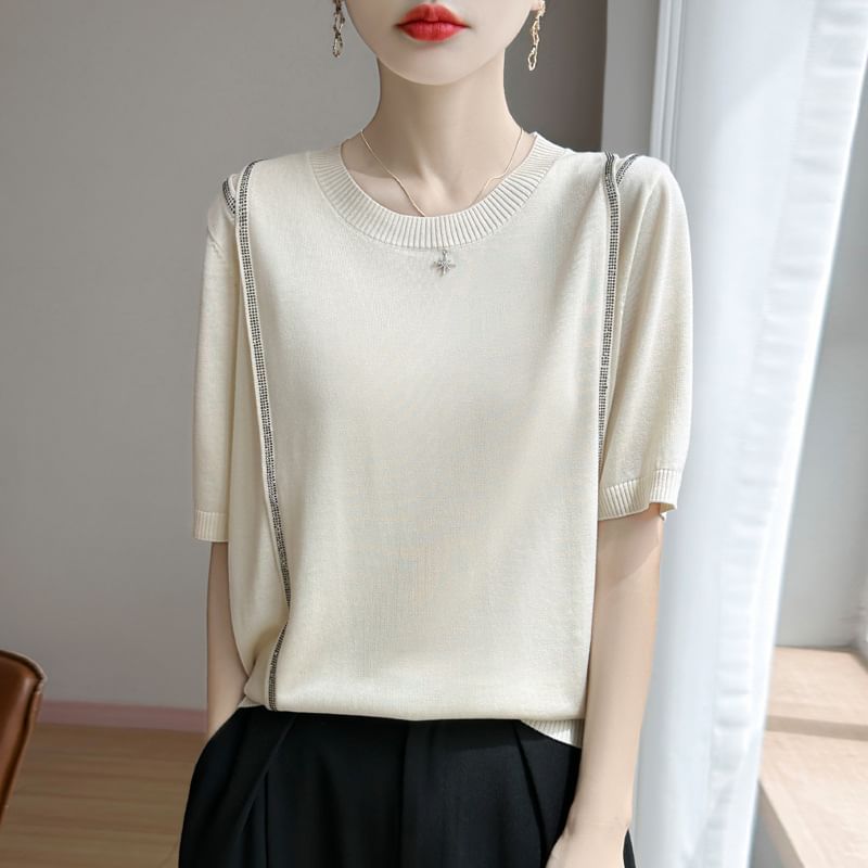 Short-Sleeve Round Neck Rhinestone T-Shirt