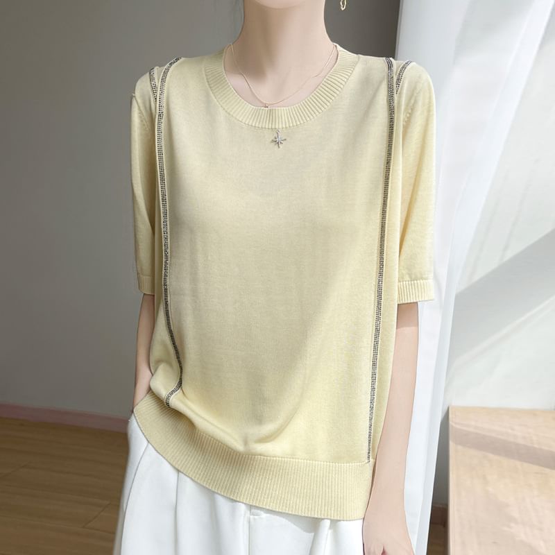 Short-Sleeve Round Neck Rhinestone T-Shirt