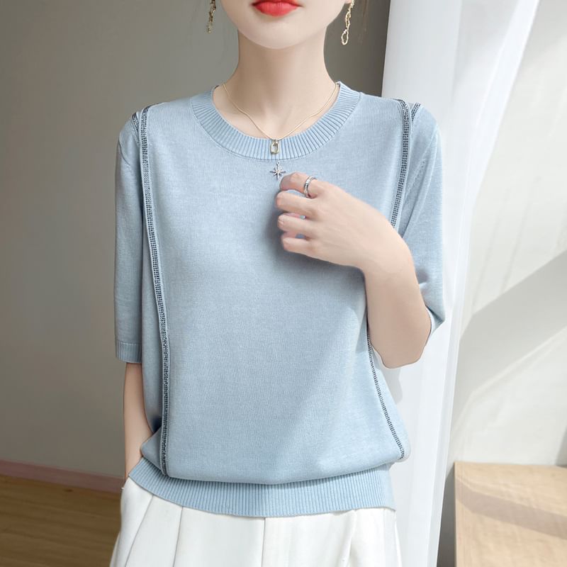 Short-Sleeve Round Neck Rhinestone T-Shirt