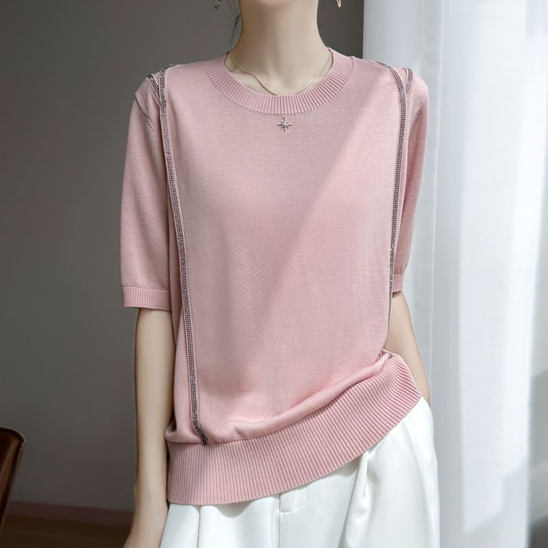 Short-Sleeve Round Neck Rhinestone T-Shirt